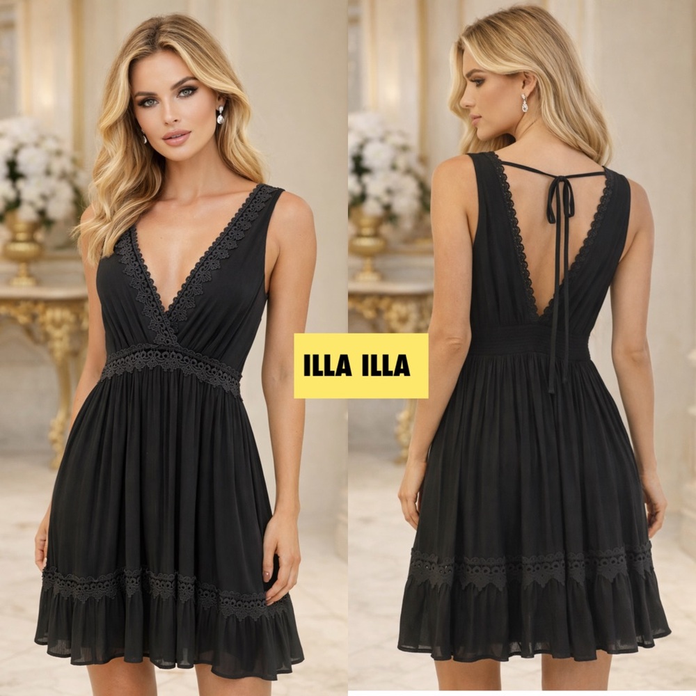 ILLA ILLA Black Lined Smocked & Tie Back Crochet Flare V Neck Dress! Flattering